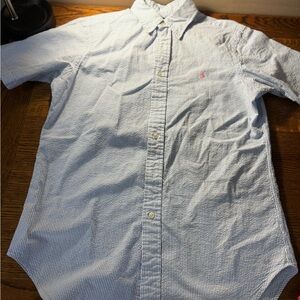 Ralph Lauren Light Blue Casual Button Down Short Sleeve Seersucker Shirt, Small